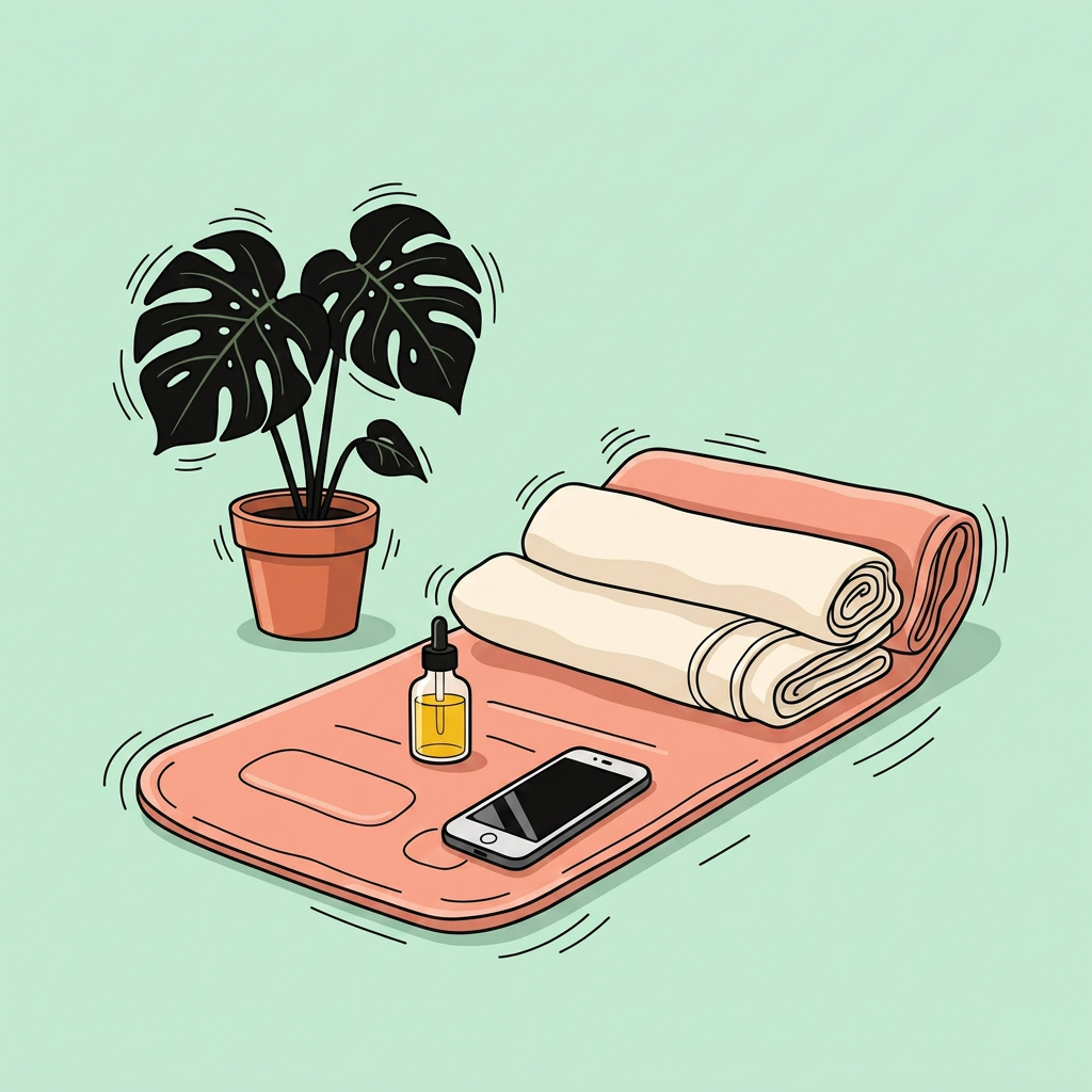 Illustration of a calm bedroom with a folded massage mat, towels, oil and a phone — book a massage at home
