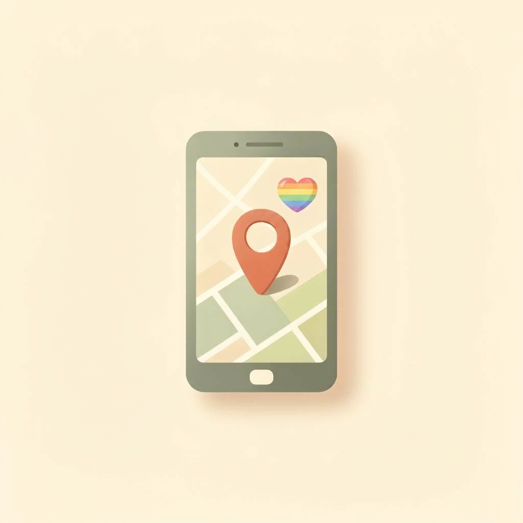 Illustration of a phone showing a booked map pin with a tiny rainbow heart