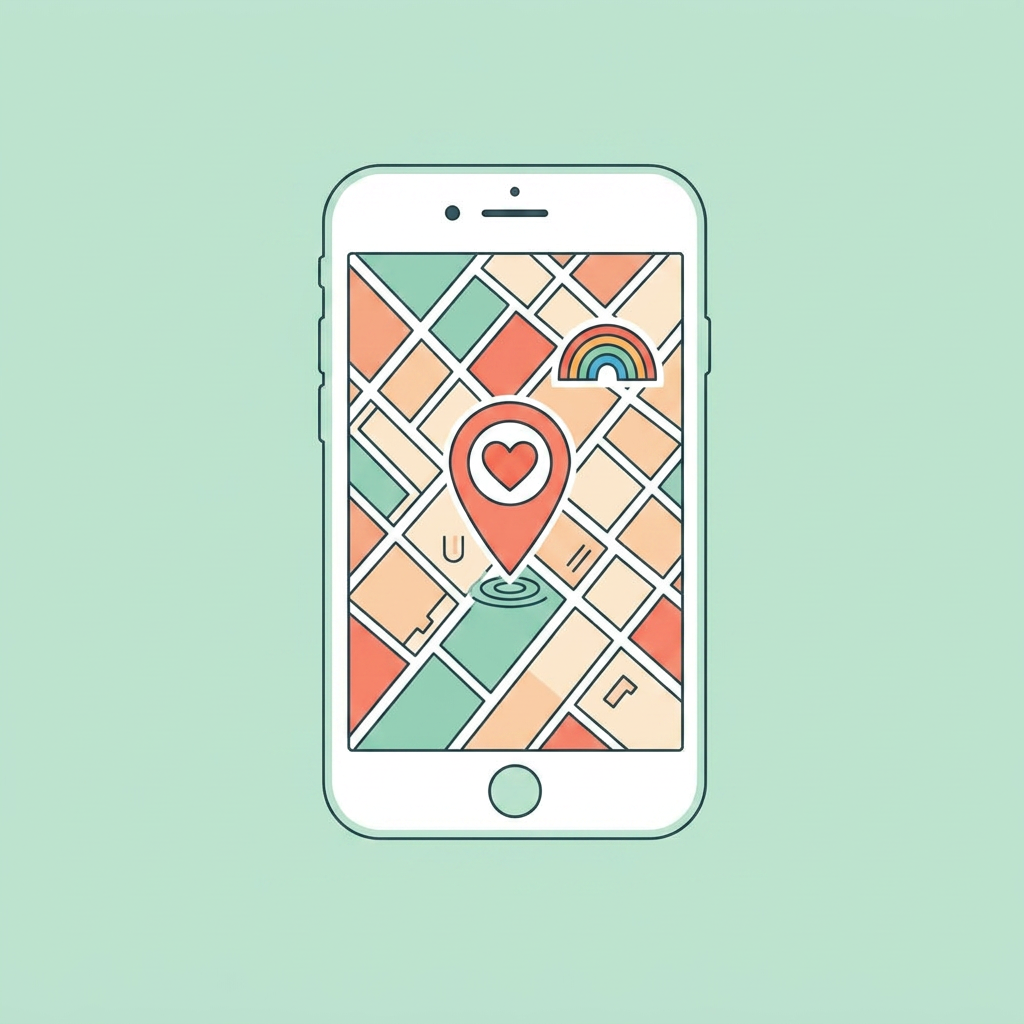 Illustration of a phone showing a booked map pin with a tiny rainbow heart